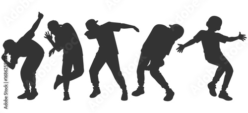 Set vector illustrations of silhouettes of kpop idols singing and dancing on stage. Flat vector kpop boyband. Male dancers, rapper, singer with various different styles, poses and choreography.