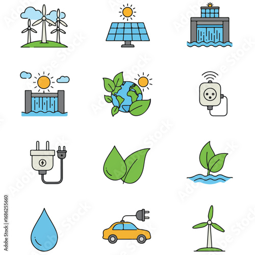 Nine distinct icons each depicting renewable energy sources including wind turbines solar panels and hydro