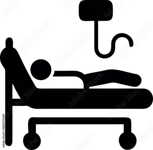 Silhouette icon of a hospitalized patient in a bed receiving intravenous therapy, symbolizing medical care and emergency treatment