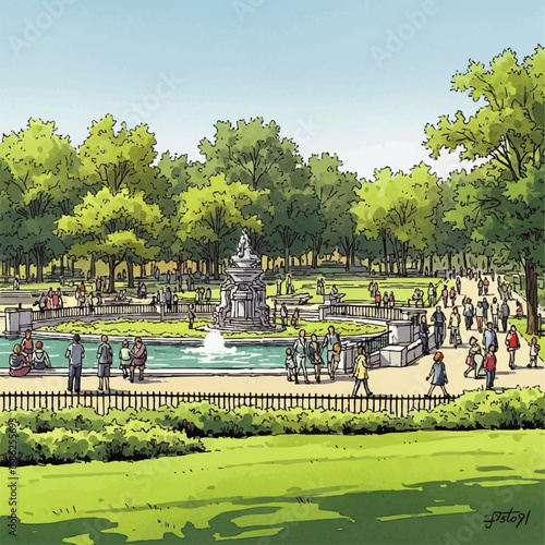 A park scene with a fountain, people relaxing, and lush greenery.