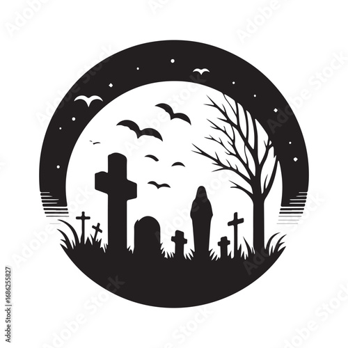 graveyard vector silhouette outline logo design concept illustration