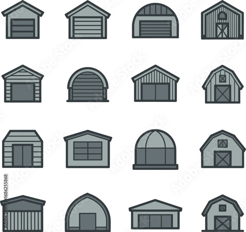 Collection of various garage and barn icons, different building shapes and styles, storage structures, agricultural and residential garages, warehouse illustrations