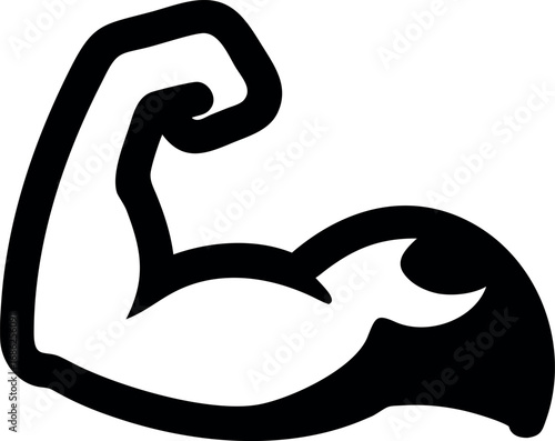 A bold, black and white line art icon of a flexed bicep, symbolizing strength, power, and physical fitness in a simple graphic design