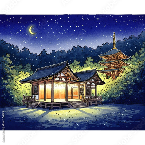 A serene Japanese temple complex illuminated at night under a starry sky with a crescent moon, surrounded by lush trees and reflecting in calm water.
