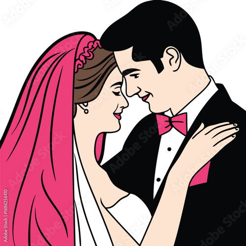 Romantic Wedding Day Embrace A Cartoon Newlywed Couple's Loving Moment Illustrated