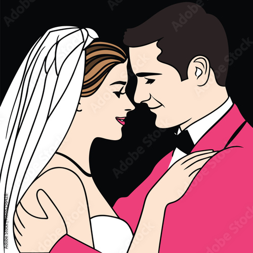 Romantic Wedding Day Embrace A Cartoon Newlywed Couple's Loving Moment Illustrated