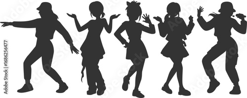 Set silhouette illustrations of female singing and dancing. Flat vector kpop music star. Modern group dancers, rapper with various different styles, poses and choreography. Korean pop cultures.