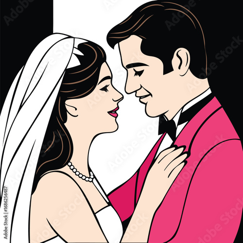 Romantic Wedding Day Embrace A Cartoon Newlywed Couple's Loving Moment Illustrated