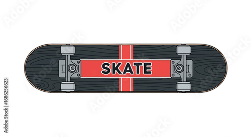 Skateboard with Red Stripe and Skate Text on White Background.