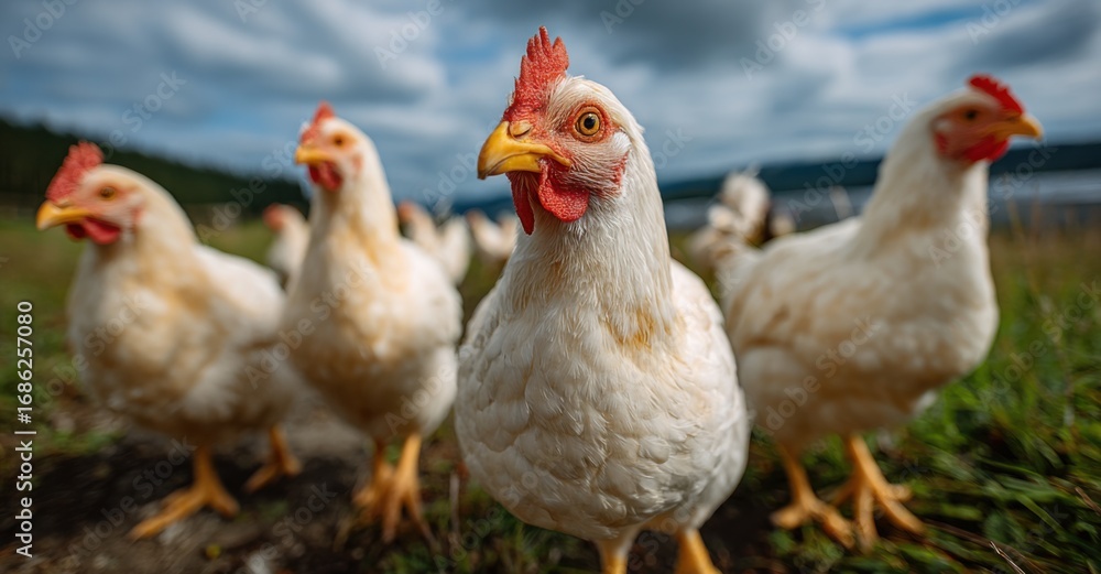 Fototapeta premium Charming Gathering of Colorful Chickens in Lush Green Field Under Bright Blue Sky Showcasing Natural Beauty and Vibrant Farm Life Atmosphere