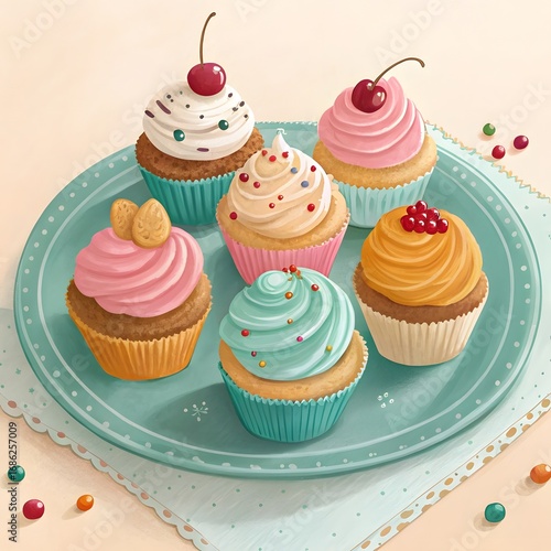 Wallpaper Mural A colorful assortment of six decorated cupcakes on a teal platter with sprinkles Torontodigital.ca