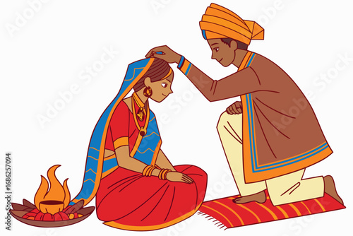 Traditional Indian Wedding Ceremony The Bride and Groom Celebrating Their Sacred Union With Fire and Blessings