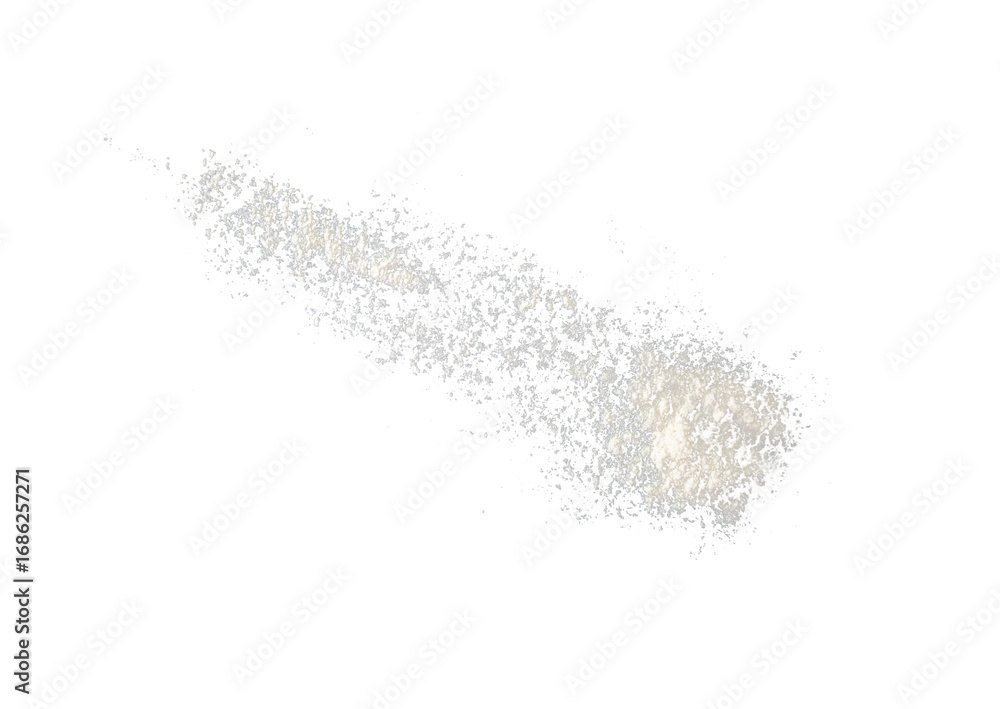 Obraz premium flat lay of scattered flour powder isolated on white background