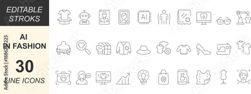 AI in Fashion vector icon set with minimal line art designs of clothing, fabric, model, styling, trends, and digital innovation. Perfect for apps, web, retail, and fashion tech projects.