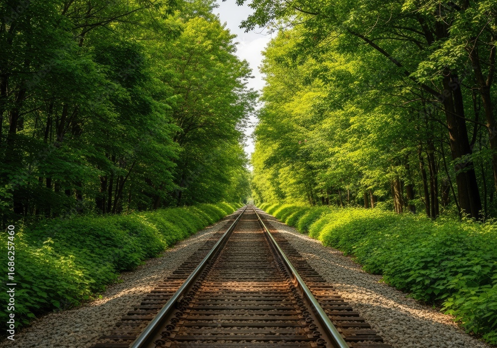 Fototapeta premium Railroad Tracks Vanishing Point Through Green Forest Canopy, Sunlight and Shadows