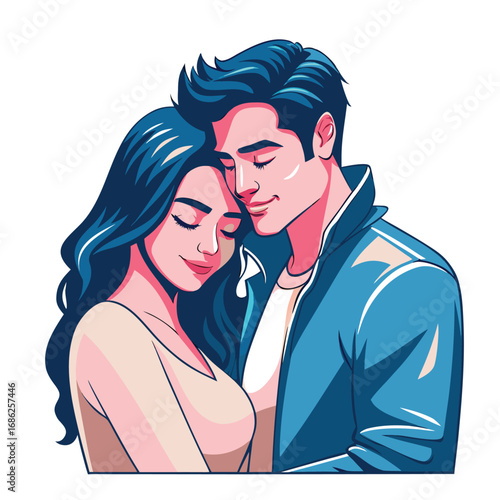 A Serene Couple's Embrace Vector Illustration of Love and Affection with Closed Eyes and Peaceful Smiles in Blue and Pink