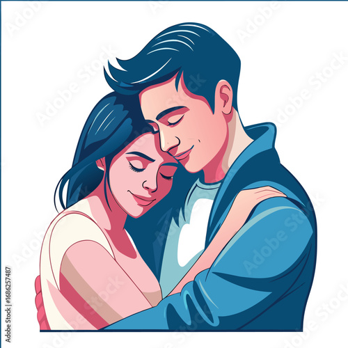 A Serene Couple's Embrace Vector Illustration of Love and Affection with Closed Eyes and Peaceful Smiles in Blue and Pink