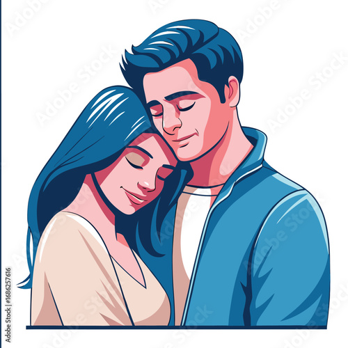 A Serene Couple's Embrace Vector Illustration of Love and Affection with Closed Eyes and Peaceful Smiles in Blue and Pink