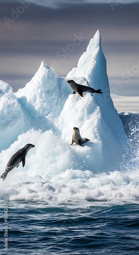 Leopard seals socializing on iceberg, icy wilderness, wildlife spectacle