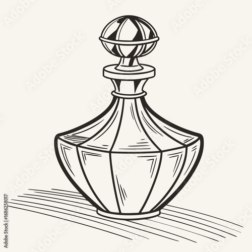 Vector art of elegant perfume bottle sketch with intricate details and shading on light background