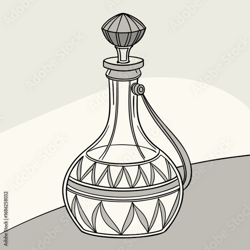 Vector art of elegant perfume bottle sketch with geometric pattern and shading on light background