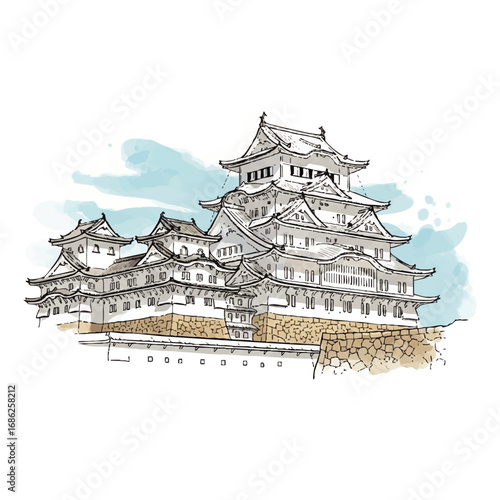 A beautiful hand-drawn illustration of a historic Japanese castle with a light watercolor wash.