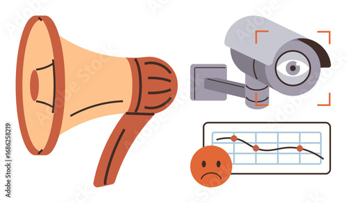 Megaphone amplifying, security camera observing, declining graph with sad face highlighting negativity, concern, and security themes. Ideal for analytics, feedback, privacy, monitoring fear public