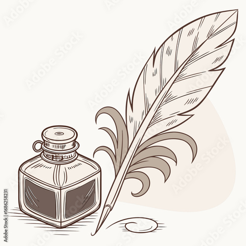 Vector art of inkwell with feather pen in vintage style
