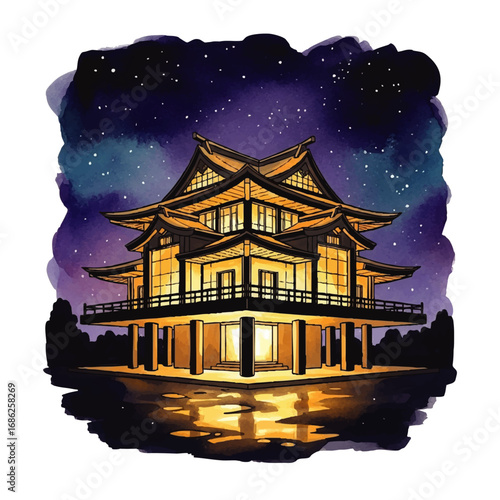 A beautiful watercolor illustration of a traditional Japanese pagoda glowing warmly under a starry night sky, its lights reflecting on the water.