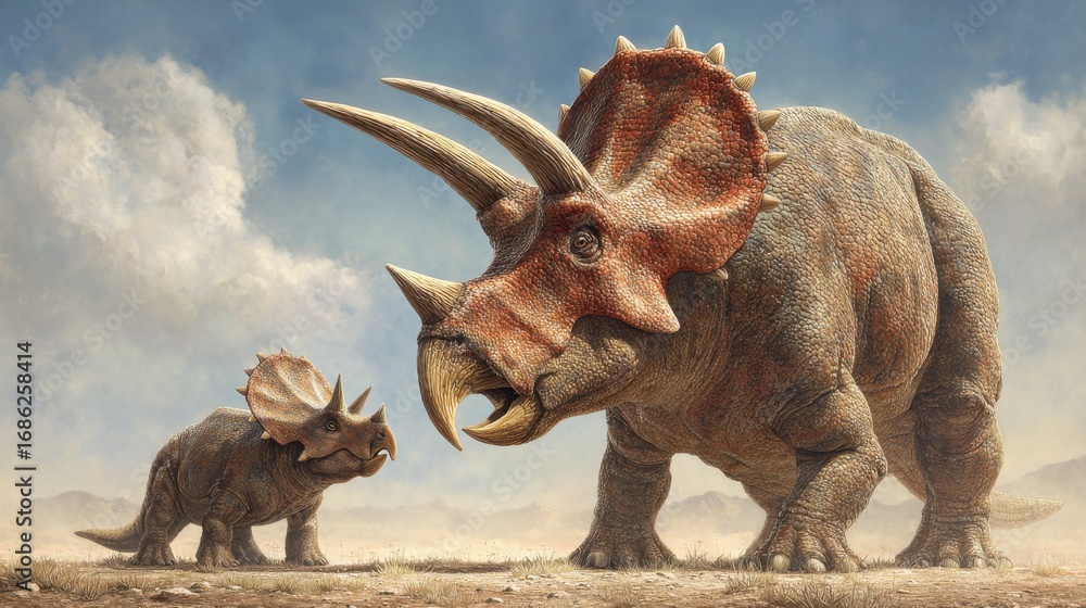 Fototapeta premium A Majestic Dinosaur and Its Baby Roaming Through a Vast Desert Landscape Under a Bright Blue Sky Creating a Unique Prehistoric Scene of Wonder