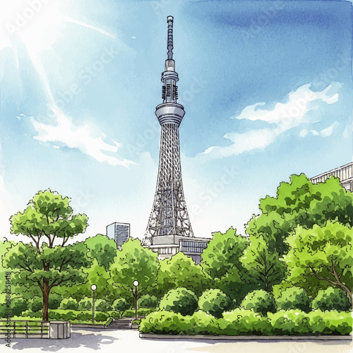A towering modern observation tower stands majestically amidst lush green parkland under a bright, sunlit sky with scattered clouds.