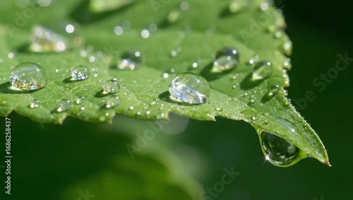 Macro shot of sparkling water droplets on a vibrant green leaf in bright sunlight