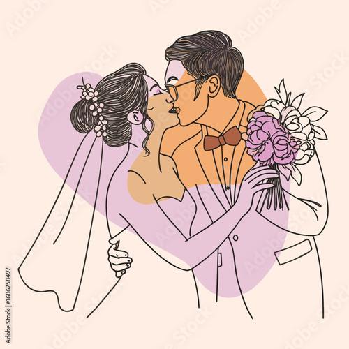 Elegant Wedding Day Illustration of a Kissing Couple Holding a Bouquet With Geometric Shapes and Soft Colors for a Modern Minimalist Feel