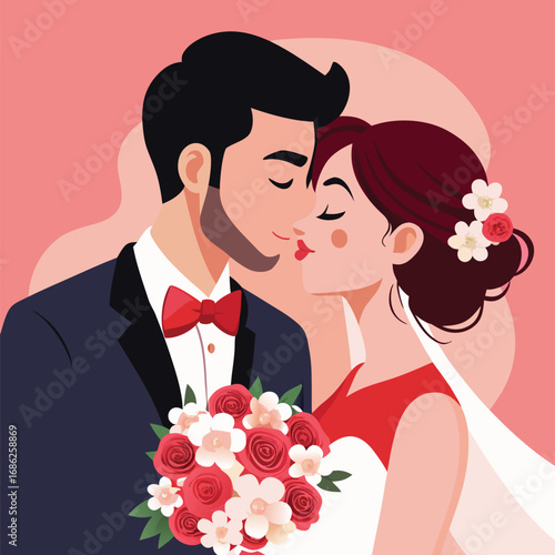 Vector Art Illustration of a Newly Married Couple Sharing a Loving Moment on their Wedding Day