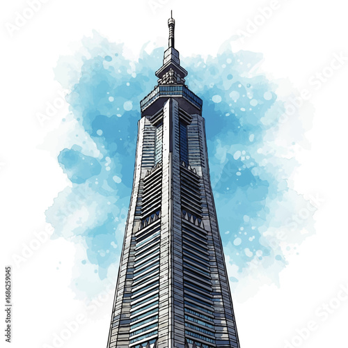 An elegant watercolor illustration of the Jin Mao Tower, a famous landmark skyscraper in Shanghai, China.
