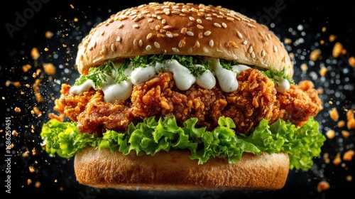 Crispy chicken burger with aioli splash, and flying crumbs on a dark background