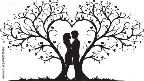 Romantic Silhouette of Couple Embracing Beneath Heart Shaped Tree A Symbolic Depiction of Love Connection and Nature's Embrace