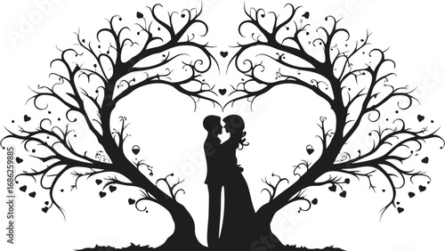 Romantic Silhouette of Couple Embracing Beneath Heart Shaped Tree A Symbolic Depiction of Love Connection and Nature's Embrace
