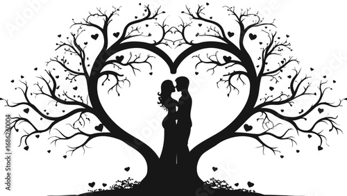 Romantic Silhouette of Couple Embracing Beneath Heart Shaped Tree A Symbolic Depiction of Love Connection and Nature's Embrace