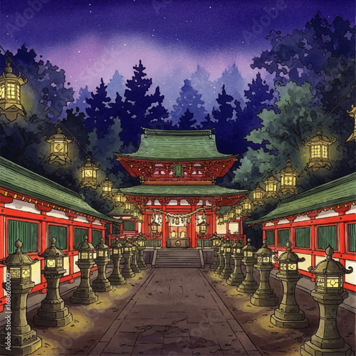 Night scene at a Japanese shrine, illuminated lanterns lining the path leading to the main building, surrounded by a dark forest.