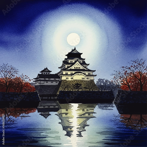 Serene moonlit reflection of Osaka Castle at night, surrounded by autumnal trees.