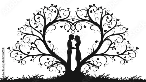Romantic Silhouette of Couple Embracing Beneath Heart Shaped Tree A Symbolic Depiction of Love Connection and Nature's Embrace