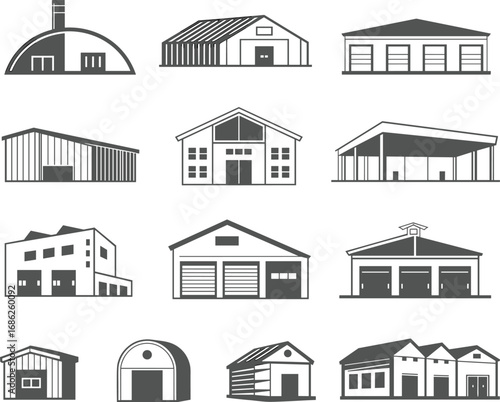 Set of barn and industrial warehouse icons, storage buildings, farming structures, garage illustrations, vector symbols, black silhouette collection