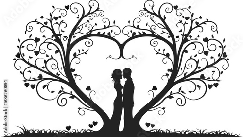Romantic Silhouette of Couple Embracing Beneath Heart Shaped Tree A Symbolic Depiction of Love Connection and Nature's Embrace