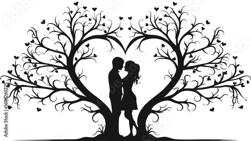 Romantic Silhouette of Couple Embracing Beneath Heart Shaped Tree A Symbolic Depiction of Love Connection and Nature's Embrace