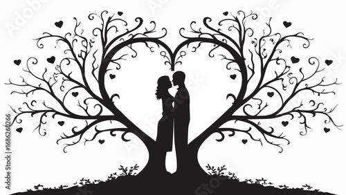 Romantic Silhouette of Couple Embracing Beneath Heart Shaped Tree A Symbolic Depiction of Love Connection and Nature's Embrace