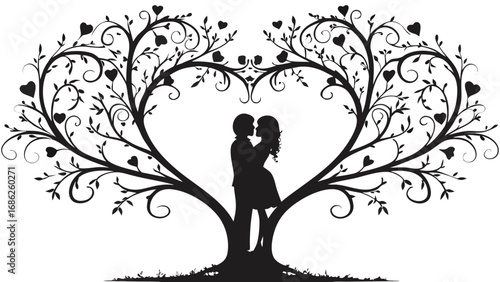 Romantic Silhouette of Couple Embracing Beneath Heart Shaped Tree A Symbolic Depiction of Love Connection and Nature's Embrace