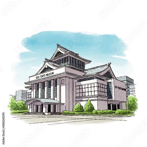 Watercolor illustration of the Edo-Tokyo Museum, a cultural institution showcasing historical artifacts and exhibits under a bright sky.