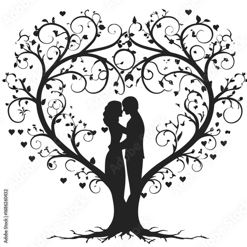 Romantic Silhouette of Couple Embracing Beneath Heart Shaped Tree A Symbolic Depiction of Love Connection and Nature's Embrace