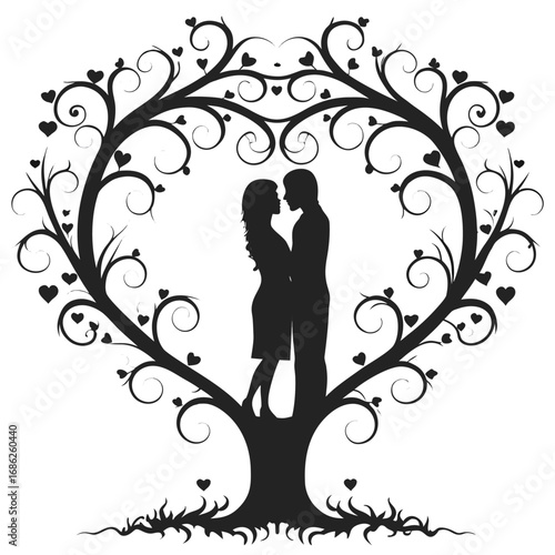 Romantic Silhouette of Couple Embracing Beneath Heart Shaped Tree A Symbolic Depiction of Love Connection and Nature's Embrace